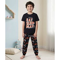 Pine Kids Single Jersey Knit Half Sleeves Night Suit with Text Print - Black