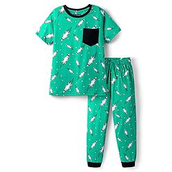 Pine Kids Single Jersey Knit Half Sleeves Co-ords Night Suit With Rocket Print - Green
