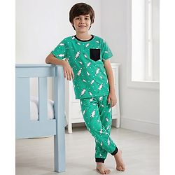 Pine Kids Single Jersey Knit Half Sleeves Co-ords Night Suit With Rocket Print - Green