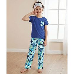 Pine Kids Single Jersey Knit Half Sleeves Night Suit with Floral Print - Navy Blue