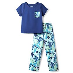 Pine Kids Single Jersey Knit Half Sleeves Night Suit with Floral Print - Navy Blue