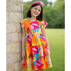 Pine Kids Cotton Knit Half Sleeves Frock With Floral Print - Multicolor