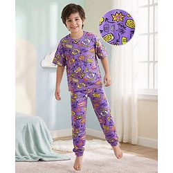 Pine Kids Single Jersey Knit Half Sleeves Co-ord Night Suit  with Chill & Relax Text Print - Purple