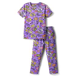 Pine Kids Single Jersey Knit Half Sleeves Co-ord Night Suit  with Chill & Relax Text Print - Purple
