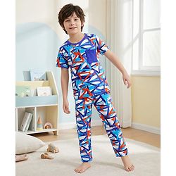 Pine Kids Single Jersey Knit Half Sleeves Co-ords Night Suit With Abstract Print - Royal Blue