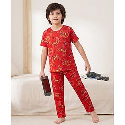 Pine Kids Single Jersey Knit Half Sleeves Night Suit  Co-ord  with Gaming Text Print - Red