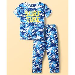 Pine Kids Single Jersey Knit Half Sleeves Co-ords Night Suit With Beach Theme Print - Light Blue