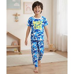 Pine Kids Single Jersey Knit Half Sleeves Co-ords Night Suit With Beach Theme Print - Light Blue