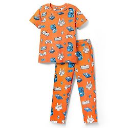 Pine Kids Single Jersey Knit Half Sleeves Co-ords Night Suit With Game Print - Orange