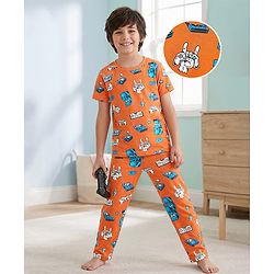 Pine Kids Single Jersey Knit Half Sleeves Co-ords Night Suit With Game Print - Orange
