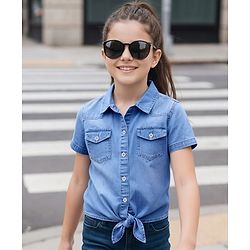 Pine Kids Cotton Woven Half Sleeves Solid Color Knotted Top - Light Blue