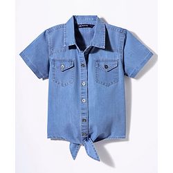 Pine Kids Cotton Woven Half Sleeves Solid Color Knotted Top - Light Blue