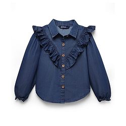 Pine Kids Cotton Woven Full Sleeves Solid Color Collared Top with Frill Detailing - Navy Blue