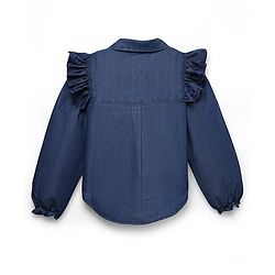 Pine Kids Cotton Woven Full Sleeves Solid Color Collared Top with Frill Detailing - Navy Blue