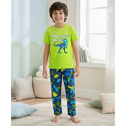 Pine Kids Single Jersey Knit Half Sleeves Night Suit With Dino Print - Lime Green & Navy Blue