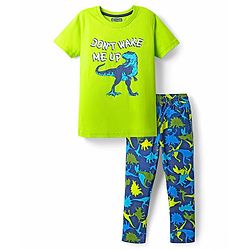 Pine Kids Single Jersey Knit Half Sleeves Night Suit With Dino Print - Lime Green & Navy Blue