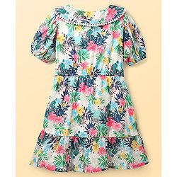 Pine Kids Cotton Woven Half Sleeves Frock With Floral Print - Multicolor