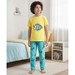 Pine Kids Single Jersey Knit Half Sleeves Co-Ord Night Suit with Text Zzzzz Text Print - Yellow & Light Blue