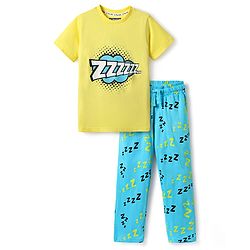 Pine Kids Single Jersey Knit Half Sleeves Co-Ord Night Suit with Text Zzzzz Text Print - Yellow & Light Blue