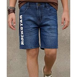 Pine Kids Denim Woven Above Knee Length Washed Shorts With Text Prints - Navy Blue