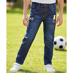 Pine Kids Denim Woven Full Length Washed Jean with Sporty Patch - Navy Blue