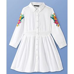Pine Kids Cotton Woven Full Sleeves Shirt Dress with Floral Embroidery - White