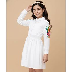 Pine Kids Cotton Woven Full Sleeves Shirt Dress with Floral Embroidery - White