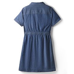 Pine Kids Cotton Woven Half Sleeves Collar Neck Shirt Style Solid Dress with Cinched Waist - Mid Blue
