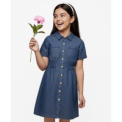 Pine Kids Cotton Woven Half Sleeves Collar Neck Shirt Style Solid Dress with Cinched Waist - Mid Blue