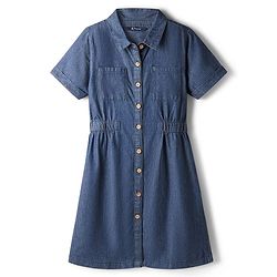 Pine Kids Cotton Woven Half Sleeves Collar Neck Shirt Style Solid Dress with Cinched Waist - Mid Blue