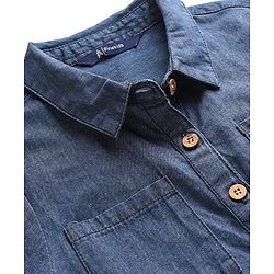 Pine Kids Cotton Woven Half Sleeves Collar Neck Shirt Style Solid Dress with Cinched Waist - Mid Blue