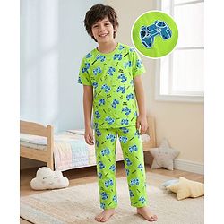 Pine Kids Single Jersey Knit Half Sleeves Co-Ord Night Suit With Gaming Print Theme - Limegreen