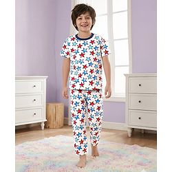 Pine Kids Single Jersey Knit Half Sleeves Co-Ord Night Suit With Star Print - White