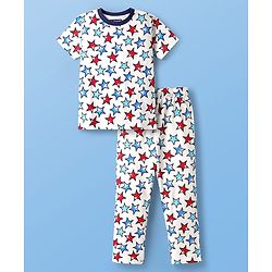 Pine Kids Single Jersey Knit Half Sleeves Co-Ord Night Suit With Star Print - White
