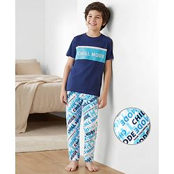Pine Kids Single Jersey Knit Half Sleeves Night Suit With Chill Mode Print - Navy Blue