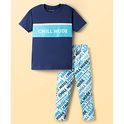 Pine Kids Single Jersey Knit Half Sleeves Night Suit With Chill Mode Print - Navy Blue