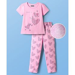 Pine Kids Single Jersey Knit Half Sleeves Night Suit With Hearts Print - Pink
