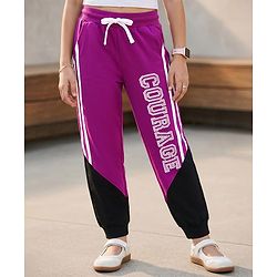 Pine Kids Cotton Knit Full Length Lounge Pant With Text Print & Tape Detailing - Violet