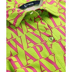 Pine Kids 100% Cotton Half Sleeves Text Printed Shirt Dress With Collar Neck & Belt - Green