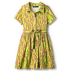 Pine Kids 100% Cotton Half Sleeves Text Printed Shirt Dress With Collar Neck & Belt - Green