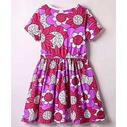 Pine Kids Cotton Knit Half Sleeves Frock With Floral Print - Multicolor