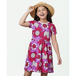 Pine Kids Cotton Knit Half Sleeves Frock With Floral Print - Multicolor