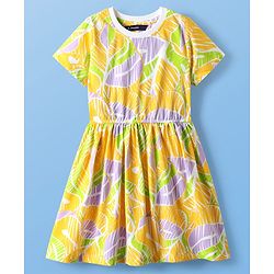 Pine Kids Cotton Knit Half Sleeves Frocks With Abstract Print - Yellow
