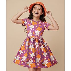 Pine Kids Cotton Knit Half Sleeves Frock With Floral Print - Fuchsia