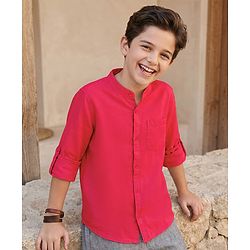 Pine Kids 100% Cotton Full Sleeves Solid Coloured Shirt With Mandarin Collar - Red