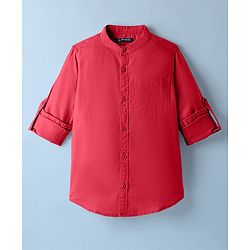 Pine Kids 100% Cotton Full Sleeves Solid Coloured Shirt With Mandarin Collar - Red