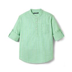 Pine Kids 100% Cotton Full Sleeves Stripes Shirt With Mandarin Collar - Light Green