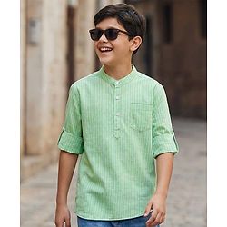 Pine Kids 100% Cotton Full Sleeves Stripes Shirt With Mandarin Collar - Light Green