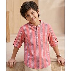 Pine Kids 100% Cotton Full Sleeves Stripes Shirt With Mandarin Collar - Multicolour