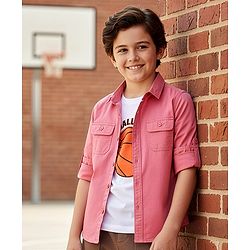 Pine Kids Cotton Woven Full Sleeves Solid Color Shirt With Text Printed T-Shirt - Light Red & White